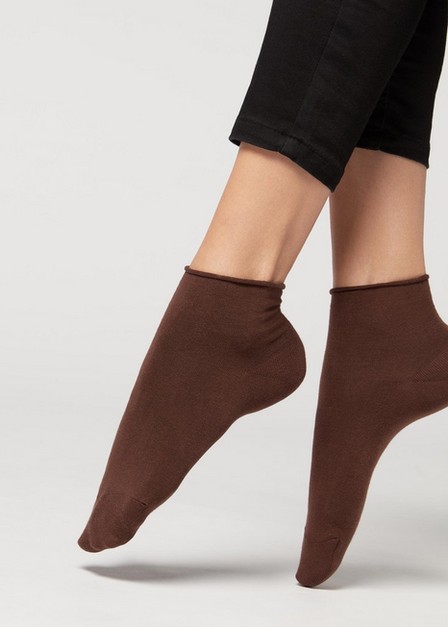 Calzedonia - Cocoa Brown Extra Short Flat-Knit Bandless Cotton Socks, Women - One-Size