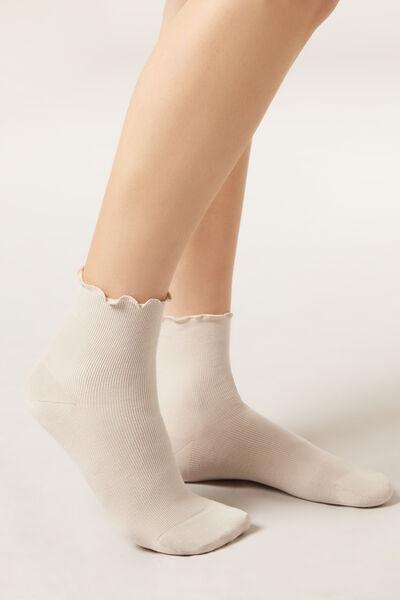 Beige Ribbed Short Cotton Socks, 5501_646D, large image number 0