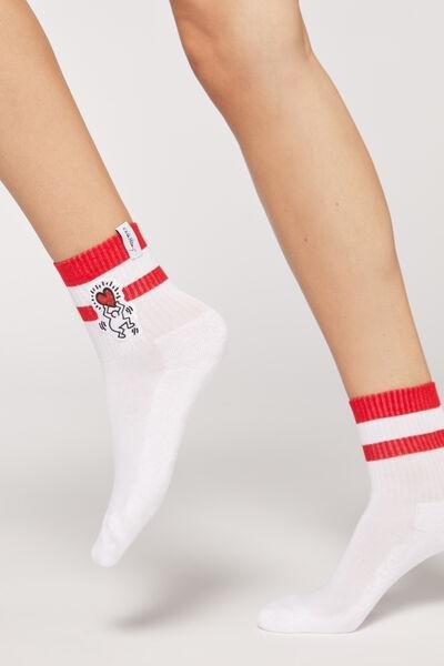 White Heart Applique Keith Haring Design Short Sport Style Socks, , large image number 0