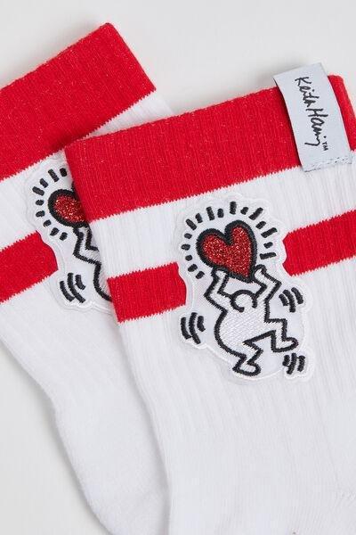 White Heart Applique Keith Haring Design Short Sport Style Socks, , large image number 1