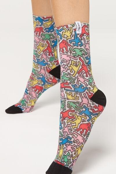 White Keith Haring Digital Print Short Sport Socks, , large image number 0