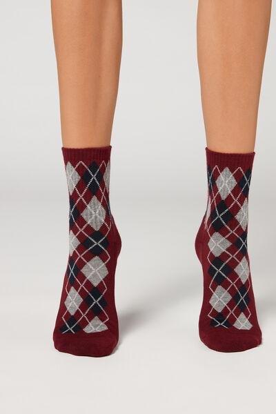 Red Diamond Pattern Ribbed Short Sport Socks, , large image number 0