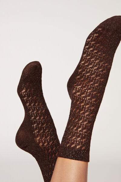 Brown Glitter Openwork Short Socks, , large image number 0