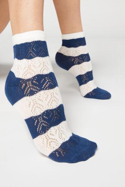 Blue Openwork And Striped Short Socks, , large image number 0