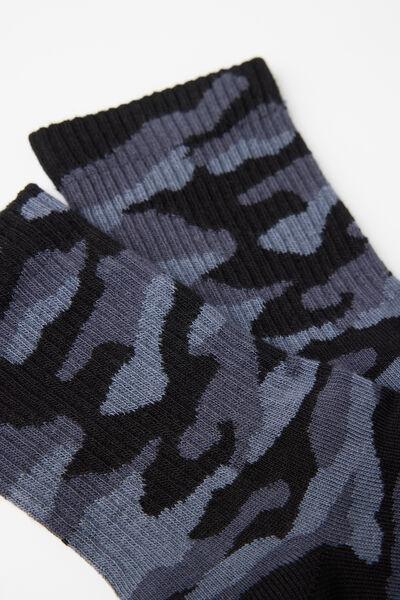 Black Camouflage Print Short Sport Socks, 5501_5638, large image number 1