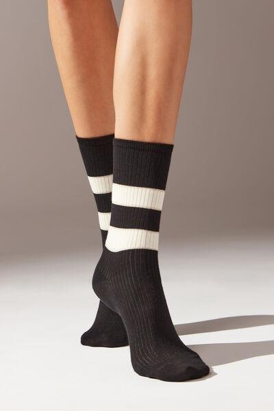 Black Ribbed Stripe-Patterned Short Socks, , large image number 0
