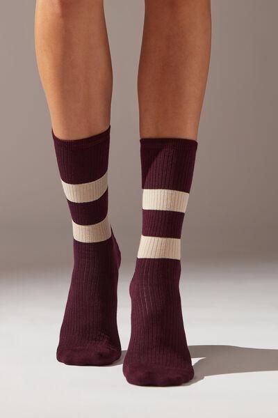 Purple Ribbed Stripe-Patterned Short Socks, , large image number 0