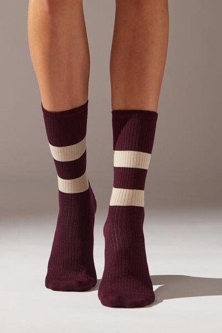Calzedonia - Purple Ribbed Stripe-Patterned Short Socks