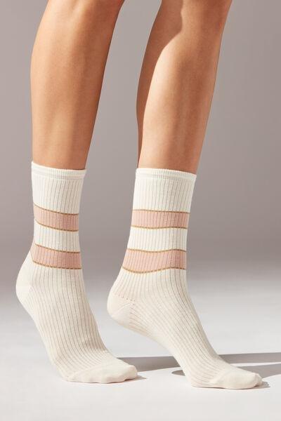 Cream Ribbed Stripe-Patterned Short Socks, , large image number 0