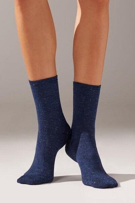 Calzedonia - Blue Glitter Ribbed Short Socks With Cashmere