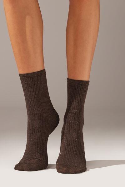 Brown Cashmere Glitter Ribbed Short Socks, , medium
