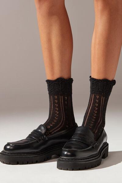 Black Glitter Openwork Short Socks, , large image number 0