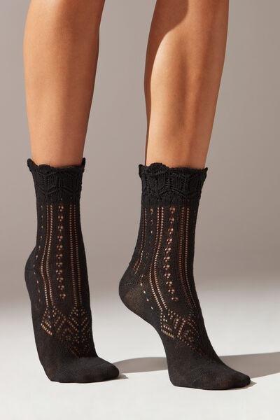 Black Glitter Openwork Short Socks, , large image number 1