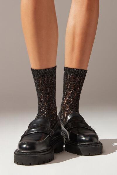 Black Glitter Openwork Short Socks, , large image number 0