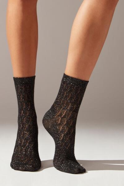 Black Glitter Openwork Short Socks, , large image number 1