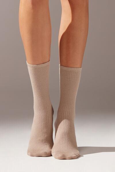 Beige Ribbed Soft Cotton Short Socks, , large image number 0
