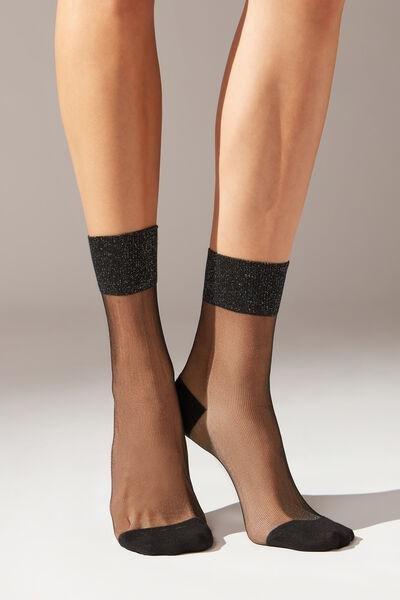 Black Glitter Trim Short Socks, , large image number 0