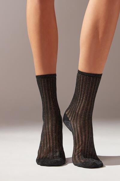 Black Glitter Ribbed Short Socks, , large image number 0
