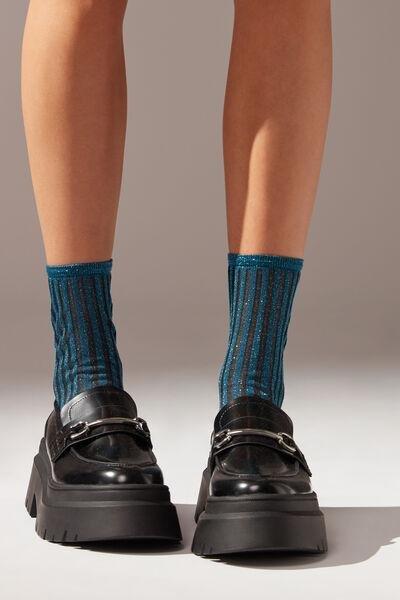 Blue Glitter Ribbed Short Socks, , large image number 0