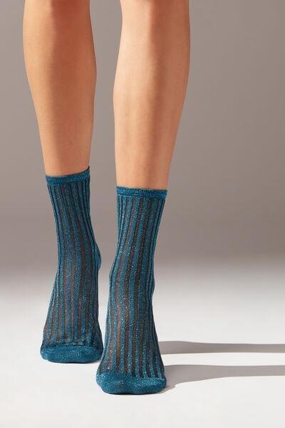 Blue Glitter Ribbed Short Socks, , large image number 1