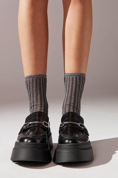 Silver Glitter Ribbed Short Socks, , large image number 0