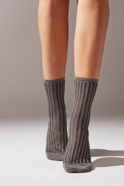 Silver Glitter Ribbed Short Socks, , large image number 1