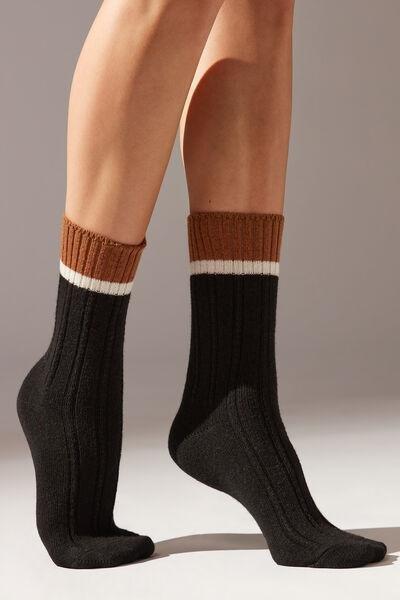 Black Contrast Trim Short Socks With Cashmere, , large image number 0