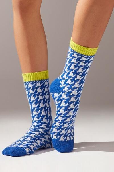 Blue Cashmere Houndstooth-Patterned Short Socks, , large image number 0
