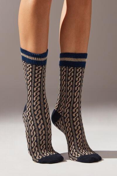 Blue Cashmere Glitter Patterned Short Socks, , large image number 0