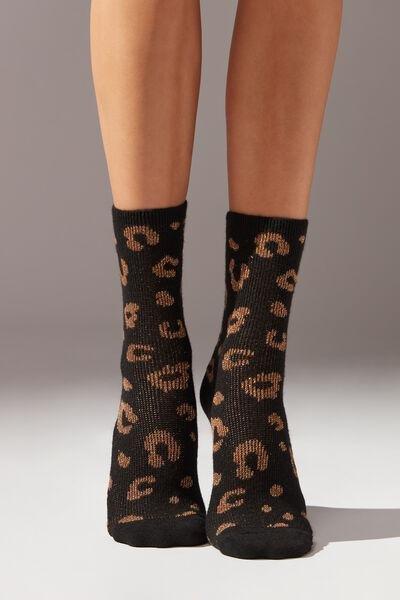 Black Animal Print Short Cashmere Socks, , large image number 0