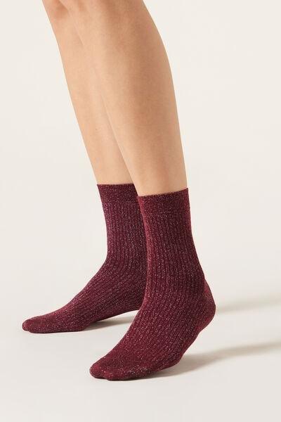 Burgundy Glitter Ribbed Socks, 5501_332D, large image number 1