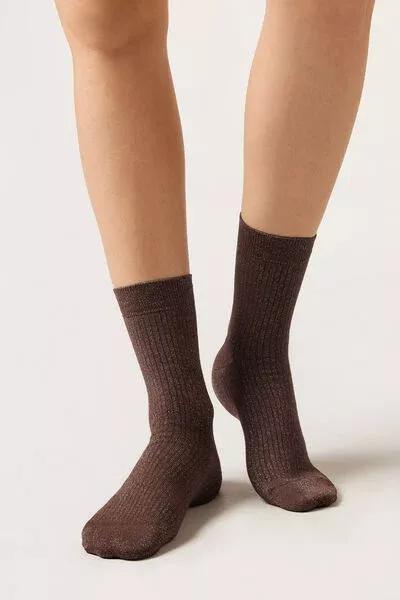 Brown Glitter Ribbed Cotton Socks, 5501_443D, large image number 0