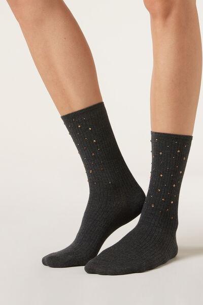 Grey Rhinestone Ribbed Socks, 5501_711, large image number 0
