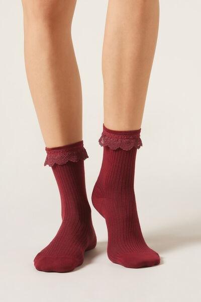 Maroon Ruched Lace Socks, 5501_331D, large image number 0