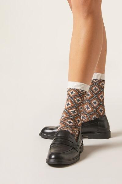 Cream Diamond Short Socks, 5501_208D, large image number 0
