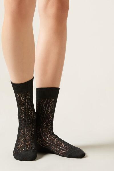 Black Openwork Socks, Black, large image number 0