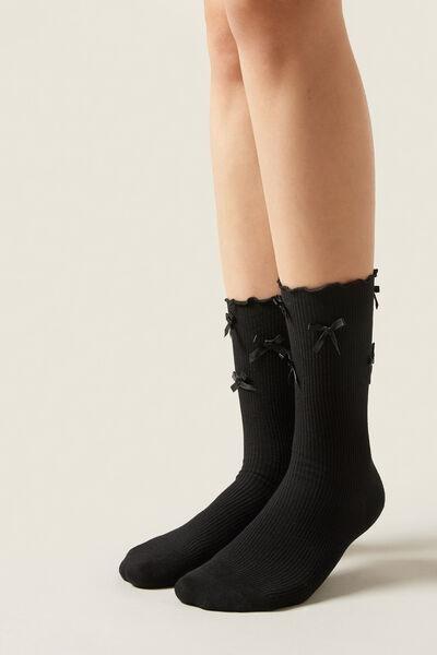 Black Bow Detail Socks, Black, large image number 0