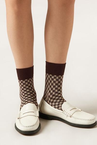 Brown Patterned Short Cotton Socks, 5501_453D, large image number 0