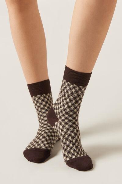 Brown Patterned Short Cotton Socks, 5501_453D, large image number 1