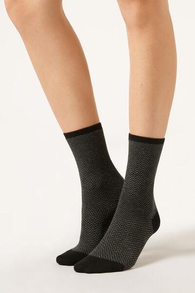 Black Herringbone Patterned Short Cotton Socks, 5501_467D, large image number 0