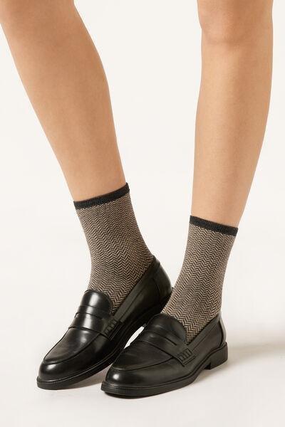 Grey Herringbone Patterned Short Cotton Socks, 5501_468D, large image number 0