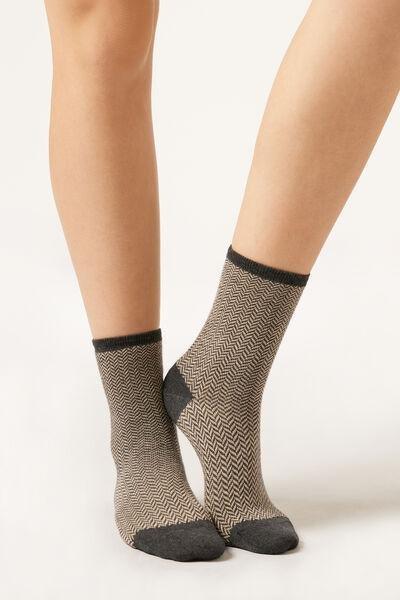 Grey Herringbone Patterned Short Cotton Socks, 5501_468D, large image number 1