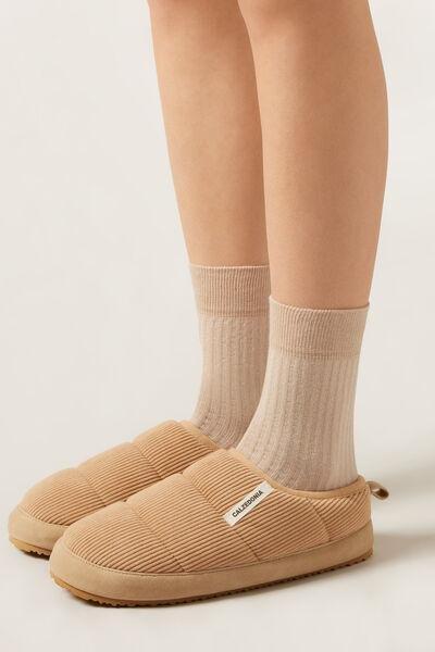 Beige Ribbed Patterned Short Cotton Socks, 5501_605D, large image number 0