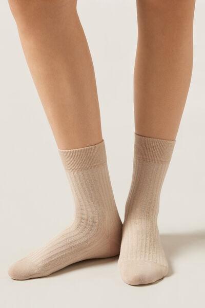 Beige Ribbed Patterned Short Cotton Socks, 5501_605D, large image number 1