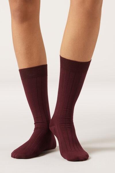 Burgundy Ribbed Mid-Calf Socks, 5501_174D, large image number 1