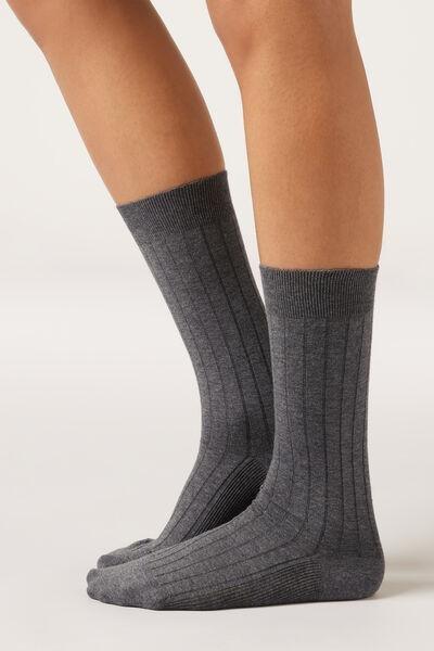 Grey Ribbed Mid-Calf Socks, 5501_258D, large image number 0