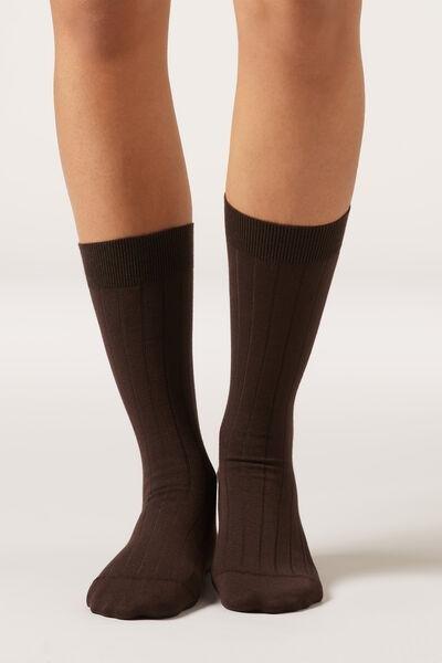 Brown Ribbed Mid-Calf Socks, 5501_283D, medium