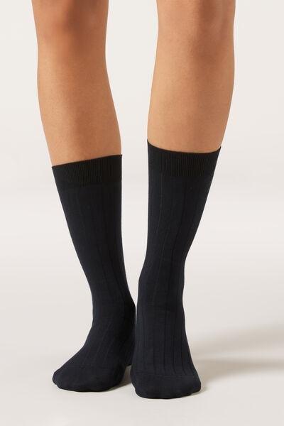 Navy Ribbed Mid-Calf Socks, 5501_462D, large image number 0