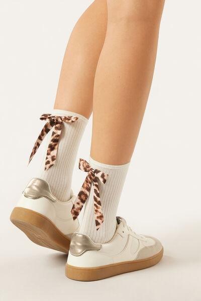 White Animal Print Bow-Detail Cotton Socks, 5501_463D, large image number 0