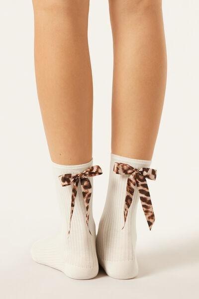 White Animal Print Bow-Detail Cotton Socks, 5501_463D, large image number 1